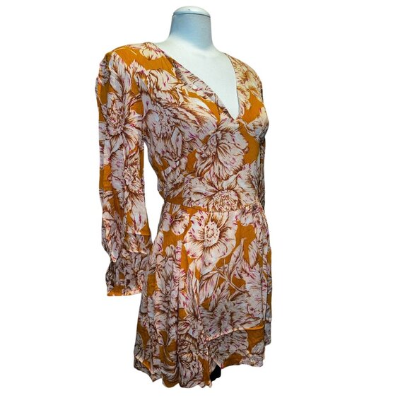 Band of the Free Floral Open Back Mini Dress Sz Medium Womens Long Sleeve Yellow - Picture 6 of 11